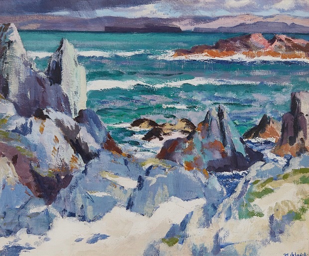 FRANCIS CAMPBELL BOILEAU CADELL R.S.A., R.S.W. (SCOTTISH 1883-1937) | CATHEDRAL ROCK, IONA - THE STORM